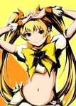  arms_up bad_id bad_pixiv_id blonde_hair bow cure_sunshine hair_ribbon heart heartcatch_precure! kirieppa long_hair magical_girl midriff myoudouin_itsuki navel orange_eyes precure ribbon smile solo twintails yellow yellow_background yellow_bow 