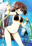  absurdres akihabara_(tokyo) armpits bikini black_bikini blush breasts brown_hair city collar covered_nipples earrings hair_ornament hairclip highres hips hose jewelry kagome_(traumatize) large_breasts long_hair looking_at_viewer minakami_yuki navel one_eye_closed open_mouth ponytail real_world_location solo subarashiki_hibi swimsuit teeth tokyo_(city) underboob wading water 