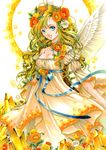  absurdres angel blonde_hair blue_eyes copyright_request crystal curly_hair dress flower hair_flower hair_ornament highres long_hair poppy_(flower) ribbon shiitake_(gensoudou) smile solo wings 