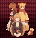  2girls androgynous animal_ears argyle argyle_background bangs blonde_hair blunt_bangs brown_hair candy crown dress food frills gradient gradient_background hime_cut lollipop long_hair maria_(umineko) multiple_girls niso red_eyes ribbon sakutarou scarf shaped_lollipop short_hair smile stuffed_animal stuffed_lion stuffed_toy umineko_no_naku_koro_ni ushiromiya_rosa 