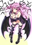  arsenal bat black_legwear blush breasts cleavage demon_girl elbow_gloves gloves hair_ribbon highres large_breasts leaning_forward navel original pointy_ears purple_eyes purple_hair ribbon solo succubus tail thighhighs tongue twintails wings 