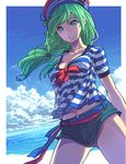  beach belly_peek belt blue_eyes bow cloud day denim denim_shorts dutch_angle green_hair grin hat long_hair michairu navel ocean original outdoors ponytail ribbon sailor_hat see-through shirt short_shorts shorts sky smile solo striped striped_shirt water wind 