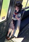  book original school_uniform serafuku solo takoyaki_(roast) train_interior 