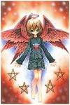  angel barefoot blue_eyes blush brown_hair copyright_request demon demon_girl emperpep feathered_wings feet flat_chest halo long_sleeves multiple_wings pentagram seraph short_hair shorts smile solo star traditional_media watercolor_(medium) wings 