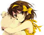  bad_id bad_pixiv_id bare_shoulders brown_eyes brown_hair doll doll_hug hair_ribbon hairband hug ribbon smile solo stuffed_animal stuffed_toy suzumiya_haruhi suzumiya_haruhi_no_yuuutsu teddy_bear zan_nenko 