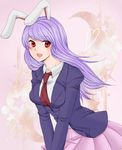  animal_ears blazer bunny_ears jacket lavender_hair long_hair necktie nobody-knows open_mouth red_eyes red_neckwear reisen_udongein_inaba solo touhou v_arms 