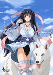  animal black_hair boots breasts cleavage copyright_request day foreshortening gloves japanese_clothes jewelry kimono large_breasts murasaki_nyaa necklace red_eyes ribbon snow thigh_boots thighhighs wind wind_lift wolf 