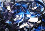  absurdres arm_cannon black_hair black_rock_shooter black_rock_shooter_(character) blue_eyes boots bow burning_eye chain choker claws coat dead_master gloves glowing glowing_eye green_eyes gun haruo_(clownberry) highres horns long_hair midriff multiple_girls purple_hair ribbon scythe serious shoes shorts smile star twintails weapon 