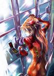  bad_id bad_pixiv_id blue_eyes bodysuit butt_crack cellphone doll highres long_hair multicolored multicolored_bodysuit multicolored_clothes neon_genesis_evangelion orange_bodysuit orange_hair phone plugsuit red_bodysuit shikinami_asuka_langley solo somber souryuu_asuka_langley stu_dts window 