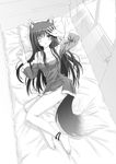  animal_ears anklet bad_id bad_pixiv_id barefoot bed full_body greyscale hiten_(hitenkei) holo indoors jewelry long_hair lying monochrome off_shoulder one_eye_closed pillow solo spice_and_wolf tail window wolf_ears wolf_tail 