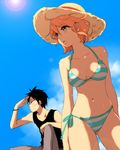  1girl bangle bikini black_hair bracelet harumi_chihiro hat jewelry lens_flare monkey_d_luffy nami_(one_piece) navel one_piece orange_hair scar side-tie_bikini straw_hat striped striped_bikini striped_swimsuit swimsuit 