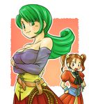  bare_shoulders breast_hold breasts chinyan cleavage corset cosplay costume_switch detached_sleeves dragon_quest dragon_quest_viii dress green_eyes green_hair jessica_albert large_breasts long_hair multiple_girls orange_hair purple_shirt red_eyes shirt smile strapless strapless_dress twintails whip yukke_(dq8) 