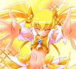  blonde_hair blush bow choker closed_eyes cure_sunshine hair_ribbon happy heart heartcatch_precure! hisame_genta long_hair magical_girl midriff myoudouin_itsuki navel orange_choker precure ribbon skirt solo twintails yellow yellow_background yellow_bow yellow_skirt 