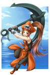  anchor bad_id bad_pixiv_id blush brown_eyes brown_hair fingerless_gloves gloves guilty_gear hat highres long_hair may_(guilty_gear) mochi.f orange_hat orange_shirt pantyhose pirate pirate_hat shirt skull_and_crossbones solo 