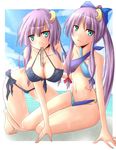 aqua_eyes barefoot bikini breasts crescent_moon dual_persona flat_chest large_breasts long_hair medium_breasts moon mouth_hold multiple_girls patchouli_knowledge ponytail purple_hair ram_hachimin swimsuit touhou 