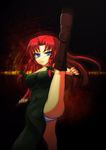  bad_id bad_pixiv_id bare_shoulders blue_eyes boots bow braid breasts cleavage doyouwantto dress fingerless_gloves gloves hair_bow high_kick hong_meiling kicking large_breasts long_hair panties pantyshot red_hair side_slit solo touhou twin_braids underwear 