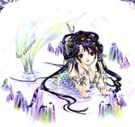  absurdres beads chin_rest crystal hair_ornament head_fins highres jewelry long_hair looking_at_viewer mermaid monster_girl original parted_lips partially_submerged purple_eyes purple_hair ripples shiitake_(gensoudou) smile solo water white_background 