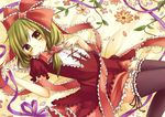  :&lt; amane_kurumi black_legwear bow dress flower frills front_ponytail garters green_eyes green_hair hair_bow hair_ribbon hand_on_own_chest kagiyama_hina long_hair lying on_back red_dress ribbon short_hair solo staring thighhighs touhou zettai_ryouiki 