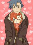  1girl blue_hair blush character_name coat couple hair_ornament hairclip hands_in_pockets heart hetero holding hug hug_from_behind kamina mosako plaid plaid_scarf red_eyes red_hair scarf shared_clothes shared_coat tegaki tengen_toppa_gurren_lagann yellow_eyes yoko_littner 