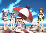  alternate_color_school_swimsuit barefoot bat_wings beach bikini breasts camera cross day flag flandre_scarlet handheld_game_console hat highres hong_meiling izayoi_sakuya jewelry laevatein mechanical_pencil medium_breasts multiple_girls navel necklace noya_makoto one-piece_swimsuit outdoors patchouli_knowledge pencil playstation_portable red_swimsuit remilia_scarlet sand_castle sand_sculpture school_swimsuit side-tie_bikini side_ponytail small_breasts swimsuit touhou umbrella underboob wings 