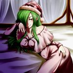  bad_id bad_pixiv_id bed blush breasts copycat_(dryfood) covered_navel covered_nipples green_hair hair_over_one_eye hand_on_hip hat kazami_yuuka kazami_yuuka_(pc-98) large_breasts long_hair lying naughty_face nightcap nightgown on_side red_eyes solo touhou touhou_(pc-98) 