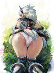  ass bent_over blue_eyes blush elbow_gloves from_behind gloves hairband horn kirin_(armor) kneeling looking_back marmelo monster_hunter panties silver_hair solo thighhighs underwear white_hair white_panties 