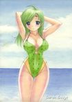  armpits arms_behind_head bad_id bad_pixiv_id banned_artist beach blue_eyes breasts casual_one-piece_swimsuit cleavage cloud day final_fantasy final_fantasy_iv green_hair large_breasts ocean older one-piece_swimsuit outdoors rydia sarah_sauge solo swimsuit thigh_gap traditional_media wide_hips 