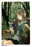  absurdres audio-technica book brown_hair forest glasses green_eyes headphones highres lizard mouth_hold nature one_eye_closed original petting reading solo takano_otohiko 