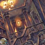  bookshelf dungeon_and_fighter dutch_angle indoors lamp lantern light lights no_humans official_art railing scenery stairs yi_lee 