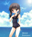  black_hair brown_eyes komiru long_hair one-piece_swimsuit original school_swimsuit solo sun swimsuit twintails 