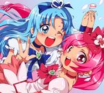  bad_id bad_pixiv_id blue_choker blue_eyes blue_hair blush choker cure_blossom cure_marine futaba_841 hanasaki_tsubomi heartcatch_precure! holding_hands kurumi_erika magical_girl multiple_girls one_eye_closed pink_choker pink_eyes pink_hair precure v 