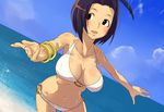  bikini blush bracelet breasts brown_hair cleavage dutch_angle idolmaster idolmaster_(classic) idolmaster_2 jewelry large_breasts looking_away maitake_(loose) md5_mismatch miura_azusa navel o-ring o-ring_bottom o-ring_top ocean outstretched_arms red_eyes short_hair solo swimsuit 