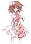  alphes_(style) bandages brown_hair bun_cover double_bun false_arm false_limb flower formless_god hair_ornament ibaraki_kasen parody red_eyes smile solo style_parody tabard touhou 