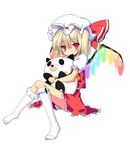  biting blonde_hair blush doll doll_hug ear_biting feet flandre_scarlet hug looking_at_viewer mouth_hold no_shoes panda red_eyes short_hair side_ponytail simple_background sitting smile socks solo stuffed_animal stuffed_panda stuffed_toy tears touhou uro 