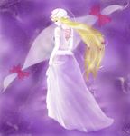  aoihaiirousagi back blonde_hair bow elbow_gloves gap gloves hair_bow hat hat_ribbon long_hair looking_back purple purple_eyes ribbon solo touhou very_long_hair white_gloves yakumo_yukari 