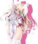  animal_ears blonde_hair blue_eyes breasts bunny_ears cross huge_breasts long_hair no_panties original pole pole_dancing scatter_milk side_slit solo stripper_pole thick_thighs thighhighs thighs wide_hips 