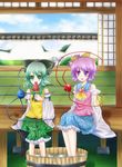  aqua_hair bad_id bad_pixiv_id bow bucket cosplay detached_sleeves food fruit green_eyes hair_bow hakurei_reimu hakurei_reimu_(cosplay) heart komeiji_koishi komeiji_satori multiple_girls popsicle purple_eyes purple_hair tomcho touhou water watermelon 