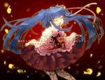  blood blue_hair bow choker closed_eyes curtsey dawn_of_the_golden_witch dress flower furudo_erika hair_flower hair_ornament injury kl long_hair long_sleeves open_mouth pantyhose petals pink_bow smile solo spoilers translated twintails umineko_no_naku_koro_ni 