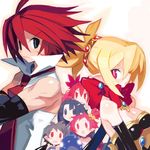  4girls adell_(disgaea) blonde_hair bow breasts disgaea etna hanako_(disgaea) harada_takehito makai_senki_disgaea_2 medium_breasts multiple_boys multiple_girls necktie official_art open_mouth pointy_ears prinny red_eyes red_hair rozalin scar sweat taro_(disgaea) yellow_bow yukimaru 