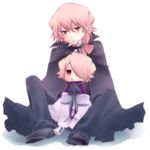  bad_id bad_pixiv_id boots cape chibi dual_persona formal hair_over_one_eye kevin_regnard long_hair male_focus multiple_boys pandora_hearts pink_eyes pink_hair ribbon silver_hair sitting tia_(cocorosso) xerxes_break 