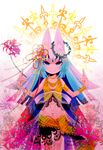  animal_ears bad_id bad_pixiv_id blue_eyes blue_hair cat_ears cross crown_of_thorns flower hair_ornament highres jewelry midriff moonyan necklace original solo spider_lily 