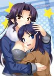  bad_id bad_pixiv_id blue_eyes blue_hair breasts brown_eyes casual cleavage fur_collar hair_ornament hairclip hand_on_another's_head hug idolmaster idolmaster_dearly_stars jacket large_breasts long_hair looking_at_viewer mizutani_eri multiple_girls open_clothes open_jacket open_mouth ozaki_reiko purple_hair smile star totokichi 