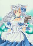  animal_ears apron bad_id bad_pixiv_id bow braid cat_ears chinako gloves gun hair_bow long_hair maid maid_headdress original red_eyes silver_hair solo traditional_media twin_braids weapon white_gloves 