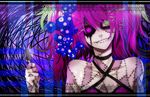  al_bhed_eyes bad_id bad_pixiv_id black_sclera blood border candy candy_addict_full_course_(vocaloid) crazy food food_themed_clothes fork green_eyes grin hair_ornament hairclip hatsune_miku heterochromia lace mismatched_sclera pink_eyes pink_hair smile solo stitches sumi_(38page) vocaloid 