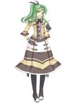  :d atelier_(series) atelier_lise bangs black_legwear blue_eyes boots circlet dress flat_chest frilled_skirt frills gem gloves green_hair hair_between_eyes hair_ribbon hair_twirling hairband high_ponytail highres hilda_(atelier) long_hair long_skirt looking_at_viewer necktie official_art open_mouth pleated_skirt ponytail ribbon sidelocks simple_background skirt smile solo standing strap thigh_boots thighhighs turtleneck watanuki_nao white_background 