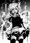  braid greyscale izayoi_sakuya knife maid maid_headdress monochrome solo soubi thighhighs touhou twin_braids 