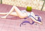  apron arms_up bathroom blue_eyes blush breasts busujima_saeko cleavage highschool_of_the_dead large_breasts legs long_hair long_legs lying naked_apron no_panties on_back purple_hair smile solo tecchi_(reichel) thighs 