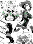  3girls armor ass bangs breasts cleavage cleavage_cutout closed_eyes earrings fingerless_gloves gem gloves headpiece highres hikari_(xenoblade_2) homura_(xenoblade_2) jewelry large_breasts madanai_(morisumeshi) meleph_(xenoblade) monochrome multiple_boys multiple_girls nopon one-piece_swimsuit open_mouth short_hair shorts shoulder_armor suzaku_(xenoblade) swept_bangs swimsuit thigh_strap tiara tora_(xenoblade) translation_request xenoblade_(series) xenoblade_2 