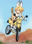  :d adapted_object animal_ears bare_shoulders blush boots bow bowtie commentary elbow_gloves extra_ears eyebrows_visible_through_hair gloves ground_vehicle kakizaki_(chou_neji) kemono_friends looking_at_viewer looking_down motor_vehicle motorcycle open_mouth orange_eyes orange_hair ribbon riding serval_(kemono_friends) serval_ears serval_print serval_tail shirt shoe_ribbon short_hair skirt sleeveless sleeveless_shirt smile solo tail tareme thighhighs white_shirt 