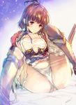  artist_name bandaged_leg bandages bangs blue_ribbon blunt_bangs bob_cut breasts brown_hair cameltoe choker closed_mouth collarbone eyebrows_visible_through_hair groin head_tilt headpiece japanese_clothes kimono knee_pads knees_up koutetsujou_no_kabaneri leg_wrap legs_apart loincloth long_sleeves looking_at_viewer lying medium_breasts min-naraken mumei_(kabaneri) navel no_pants on_back partially_visible_vulva petals purple_ribbon red_eyes ribbon ribbon_choker short_hair sleeveless sleeveless_kimono solo topknot underboob 